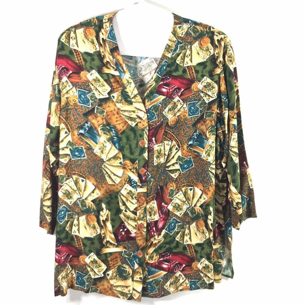 Amy Adams Novelty Top Womens Plus‎ Size 2X Card Game Print Button Up Blouse